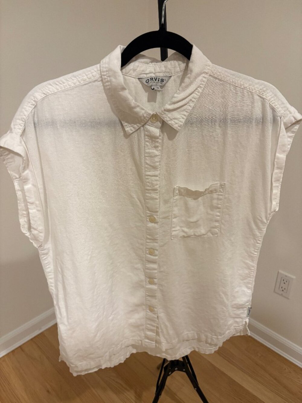 🌞Orvis White Linen-Blend Cuffed Cap Sleeve Button Up Blouse Pocket Top - Size S